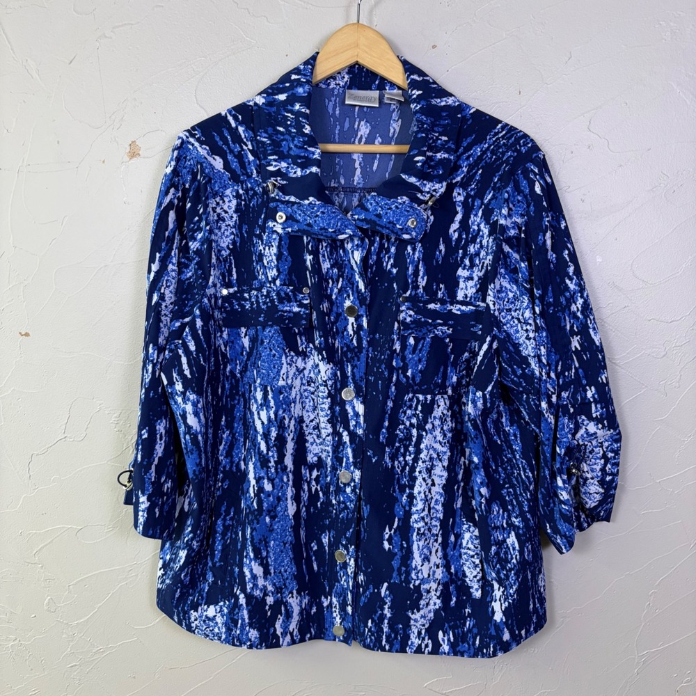 Zenergy Chico's Jacket Women 3 Blue White Abstract Snap Front Athleisure Casual